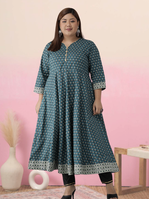 YASH GALLERY Women's Plus Size Cotton Floral Printed Anarkali Kurti (Green)