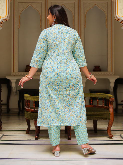 Yash Gallery Women's Embroidered Floral Printed Straight Kurta with Pant and Dupatta (Green)