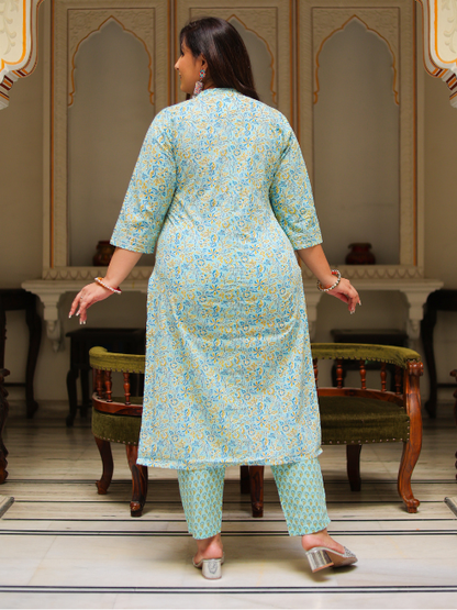 Yash Gallery Women's Embroidered Floral Printed Straight Kurta with Pant and Dupatta (Green)