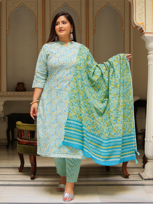 Yash Gallery Women's Embroidered Floral Printed Straight Kurta with Pant and Dupatta (Green)
