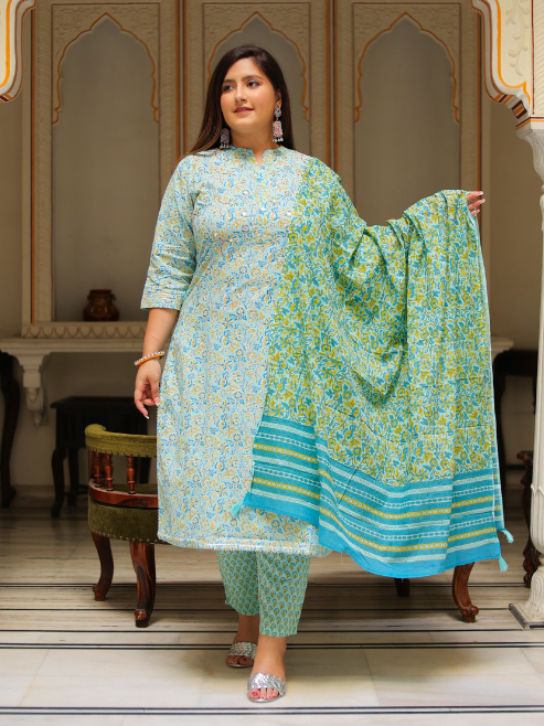 Yash Gallery Women's Embroidered Floral Printed Straight Kurta with Pant and Dupatta (Green)
