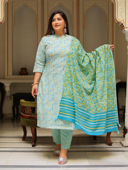 Yash Gallery Women's Embroidered Floral Printed Straight Kurta with Pant and Dupatta (Green)
