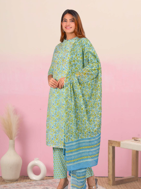 Yash Gallery Women's Embroidered Floral Printed Straight Kurta with Pant and Dupatta (Green)