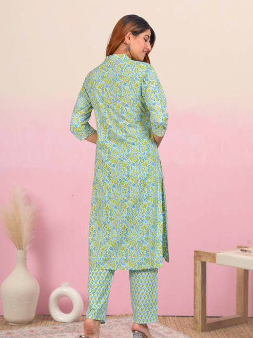 Yash Gallery Women's Embroidered Floral Printed Straight Kurta with Pant and Dupatta (Green)