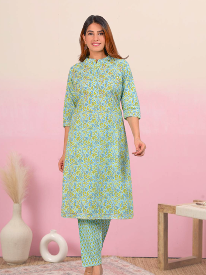 Yash Gallery Women's Embroidered Floral Printed Straight Kurta with Pant and Dupatta (Green)