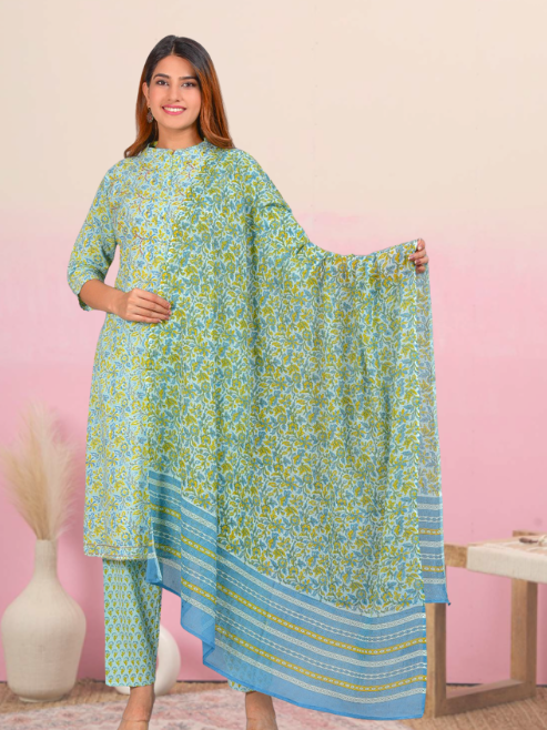 Yash Gallery Women's Embroidered Floral Printed Straight Kurta with Pant and Dupatta (Green)
