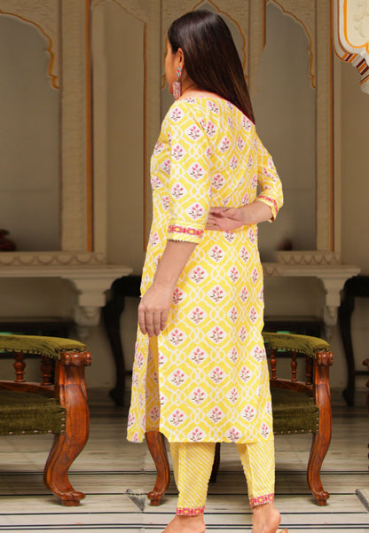 Yash Gallery Women's Embroidered Floral Printed Straight Kurta with Lehariya Printed Pant and Dupatta (Yellow)