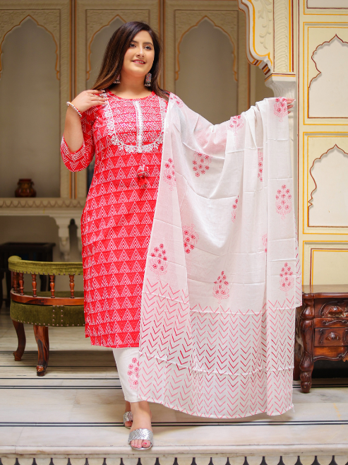 Yash Gallery Women's Embroidered Geomatrical Printed Straight Kurta with Floral Printed Pant and Dupatta (Red)
