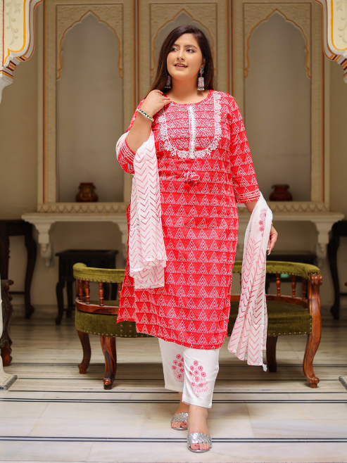 Yash Gallery Women's Embroidered Geomatrical Printed Straight Kurta with Floral Printed Pant and Dupatta (Red)