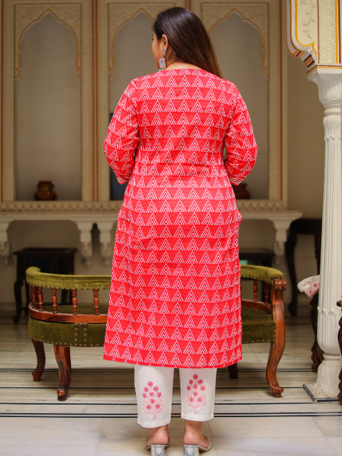 Yash Gallery Women's Embroidered Geomatrical Printed Straight Kurta with Floral Printed Pant and Dupatta (Red)