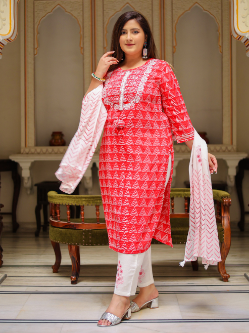 Yash Gallery Women's Embroidered Geomatrical Printed Straight Kurta with Floral Printed Pant and Dupatta (Red)