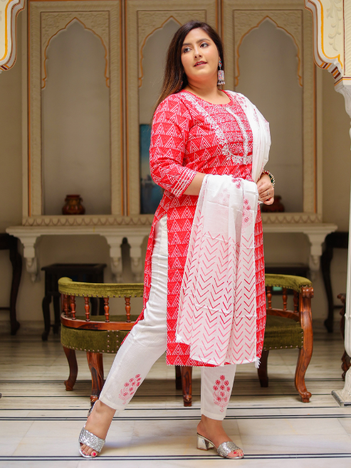 Yash Gallery Women's Embroidered Geomatrical Printed Straight Kurta with Floral Printed Pant and Dupatta (Red)