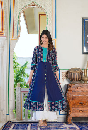 womens floral printed embroidered a line kurti blue