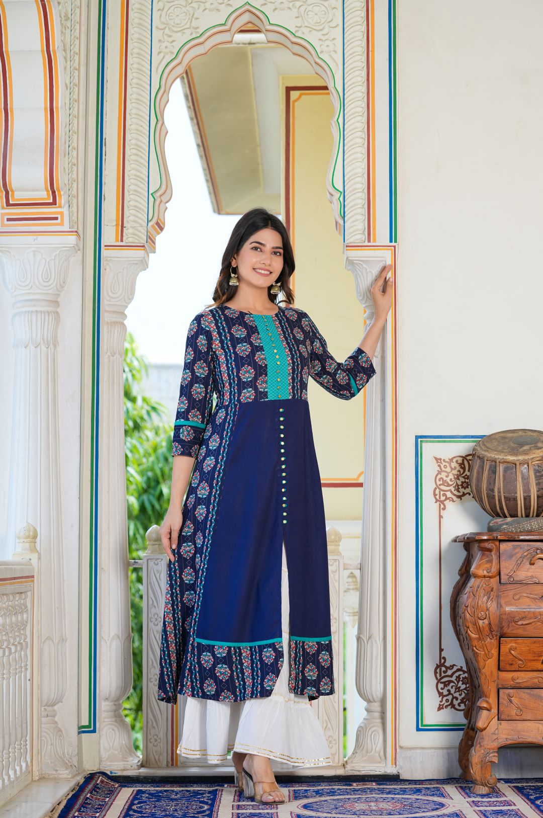 womens floral printed embroidered a line kurti blue