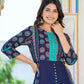 womens floral printed embroidered a line kurti blue