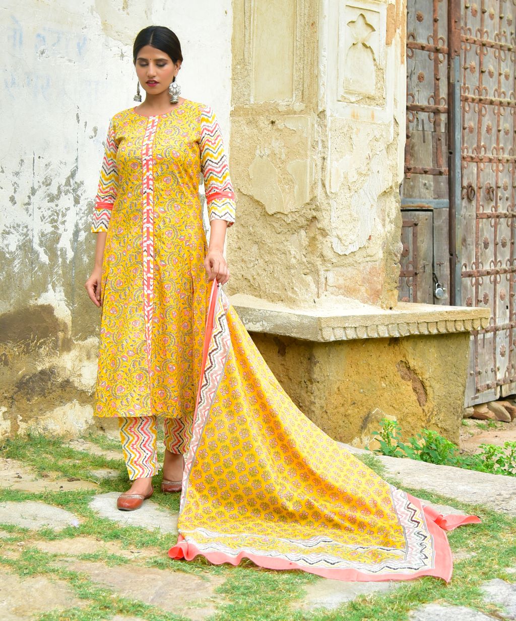 YASH GALLERY Women's Floral Printed Straight Kurta with Zig-Zag Printed Pant and Dupatta(Mustard)