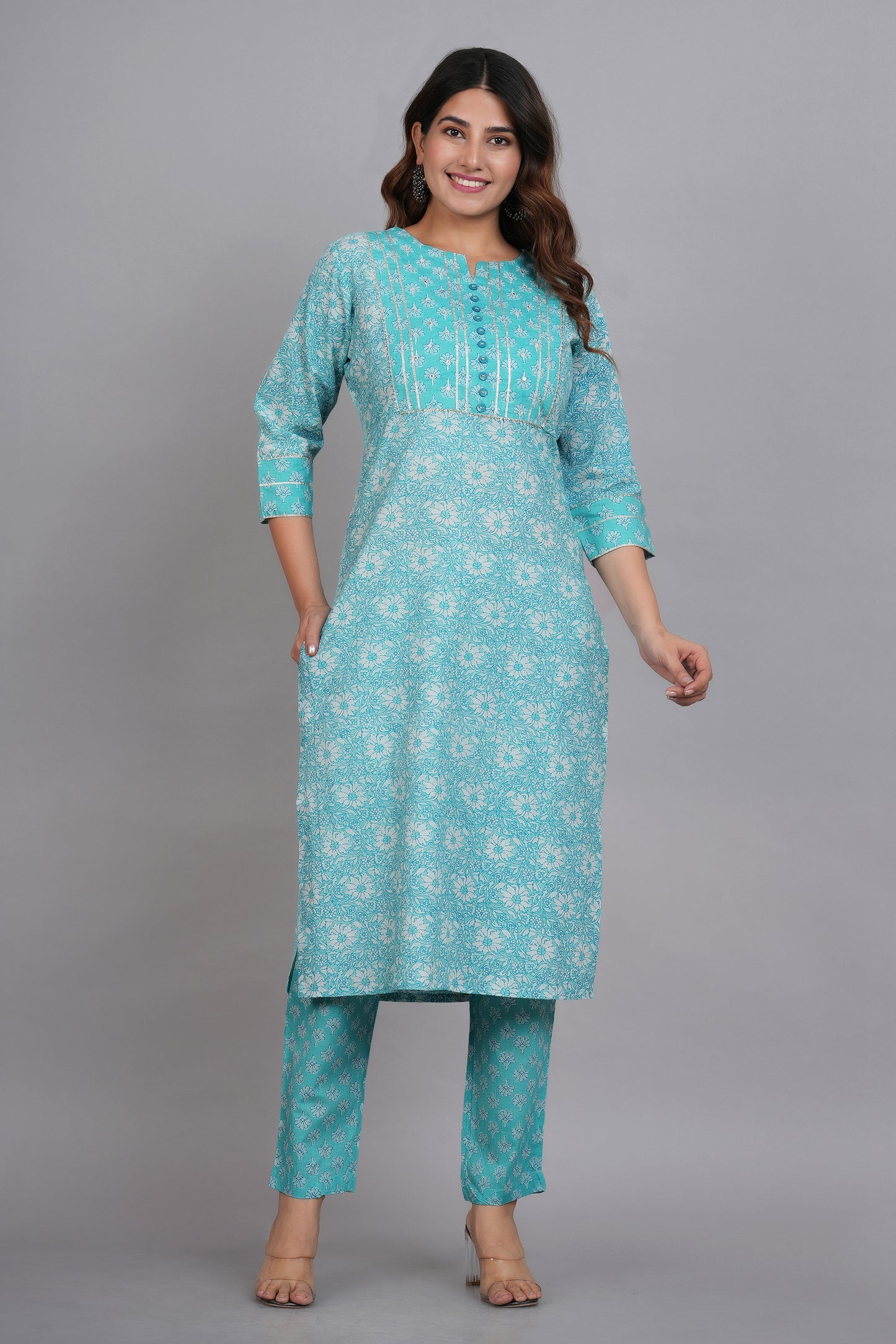 Yash Gallery Women's Floral Printed Kurta with Pant and Dupatta (Sky Blue)