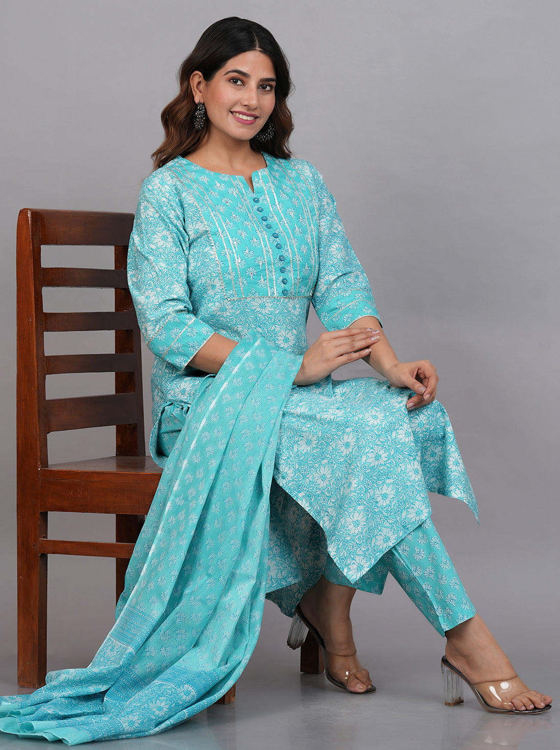 Yash Gallery Women's Floral Printed Kurta with Pant and Dupatta (Sky Blue)