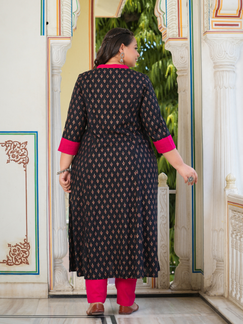 Idalia Women's Gold Print Anarkali Cotton Kurta - Flared Kurti With Gota Detail (Black, X-Small)