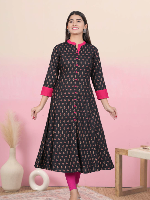 Yash Gallery Gold printed Black Anarkali kurta