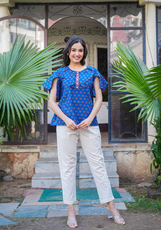 yash gallery womens blue cotton floral printed top blue
