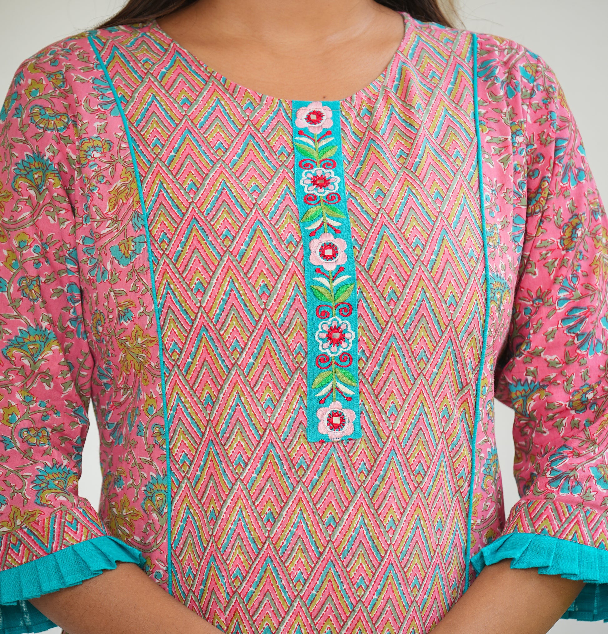 womens embroidered floral printed a line kurta pink