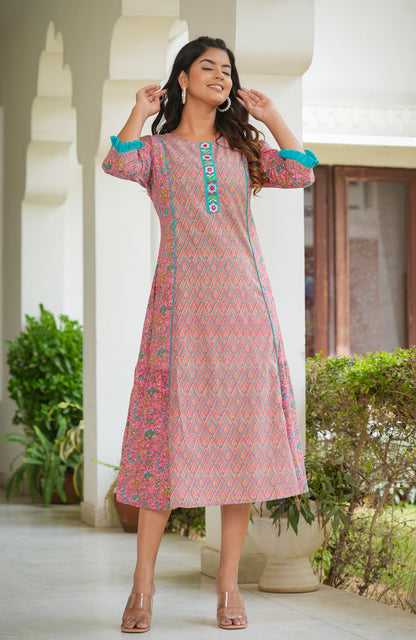 womens embroidered floral printed a line kurta pink