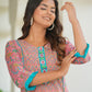 womens embroidered floral printed a line kurta pink