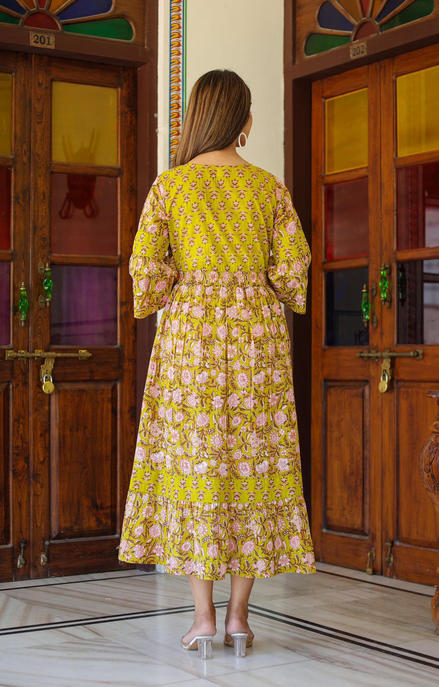 Yash Gallery Women's Floral Printed Anarkali Dress (Green)