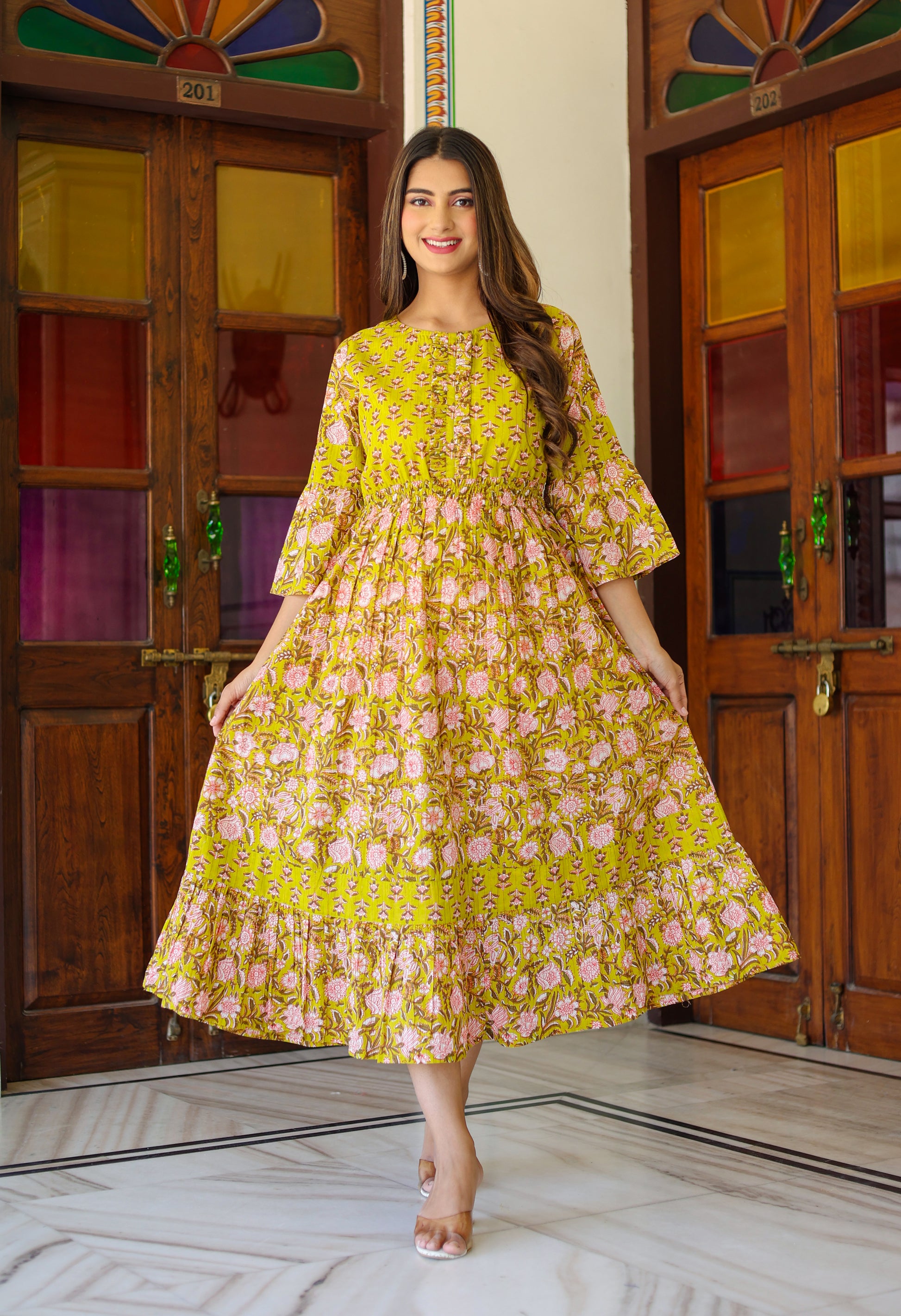 Yash Gallery Women's Floral Printed Anarkali Dress (Green) Yash Gallery Women's Floral Printed Anarkali Dress (Green)