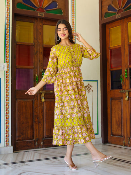 Yash Gallery Women's Floral Printed Anarkali Dress (Green)