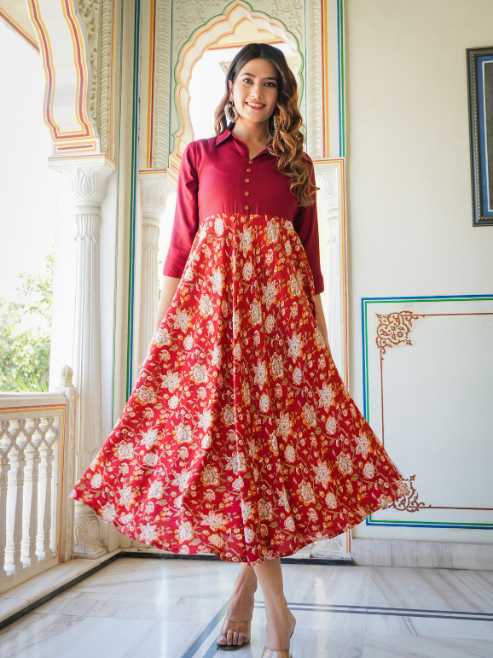 yash gallery womens floral printed anarkali dress maroon