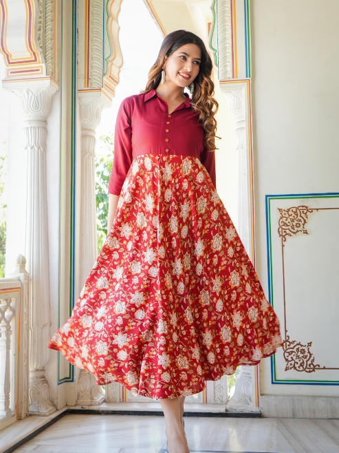 yash gallery womens floral printed anarkali dress maroon
