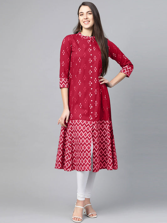 Yash Gallery Women's Cotton Ikat Print A-Line Kurta (Red)