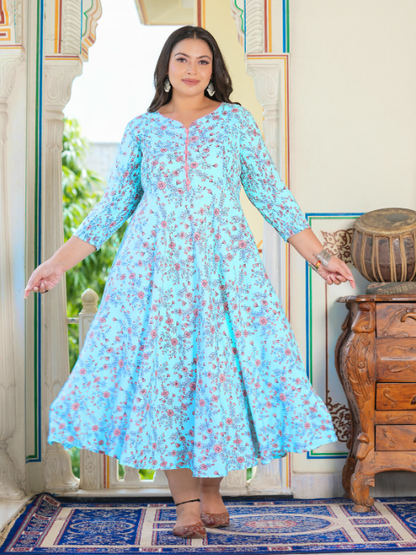 yash gallery womens maternity wear floral printed anarkali dress sky blue