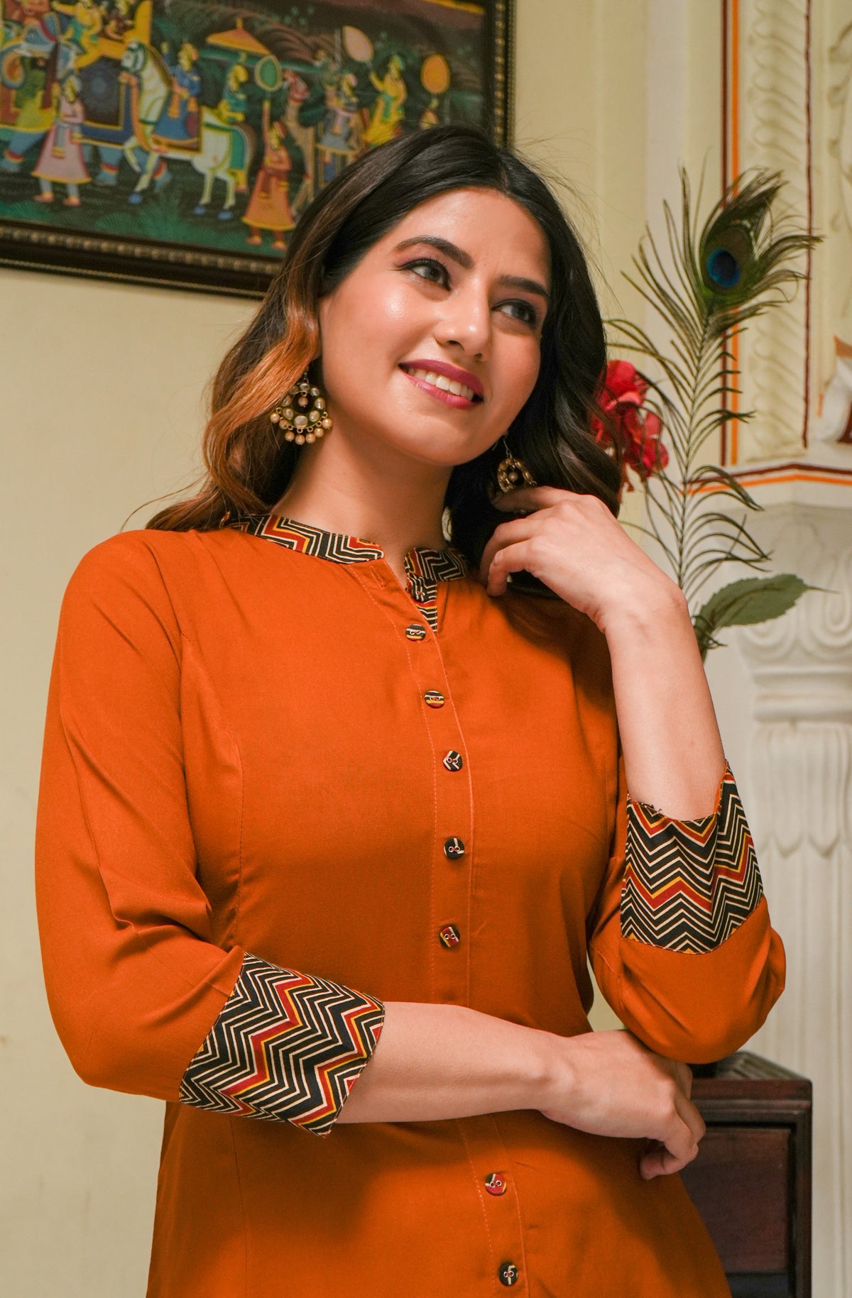 Rayon & Cotton Cambric Zig-Zag Printed A-line Kurta