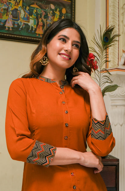 Rayon & Cotton Cambric Zig-Zag Printed A-line Kurta