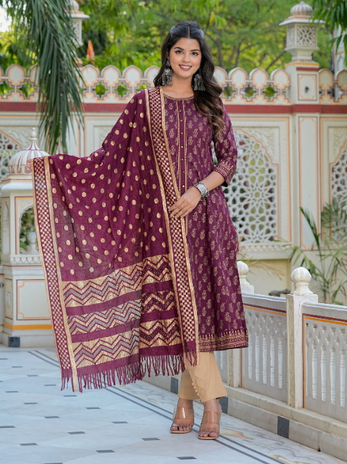 Yash Gallery Women's Cotton Gold Print Anarkali Kurti With Dupatta(Wine)