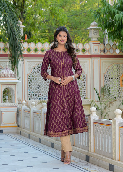 Yash Gallery Women's Cotton Gold Print Anarkali Kurti With Dupatta(Wine)