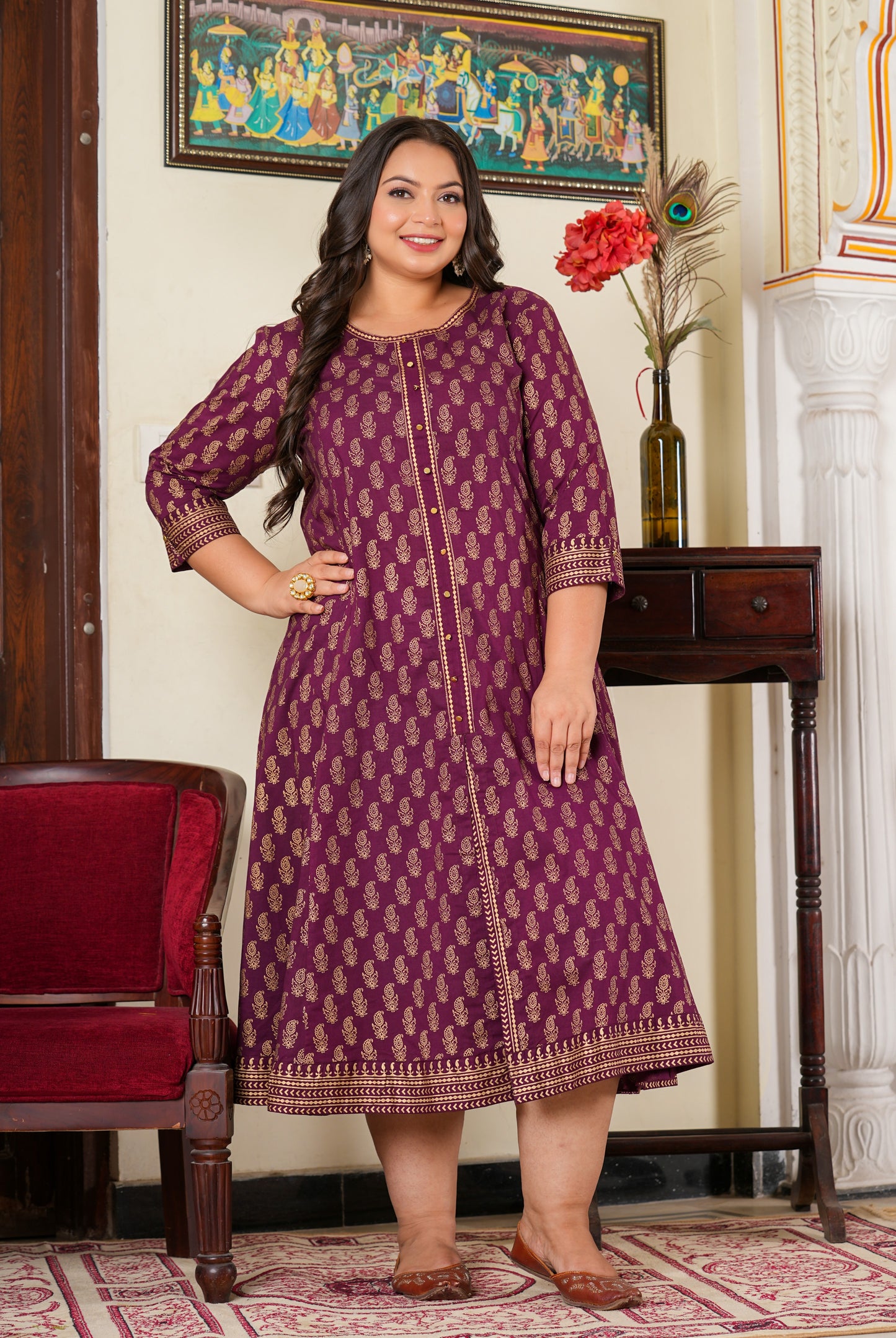 Yash Gallery Women's Cotton Gold Print Anarkali Kurti Plus Size