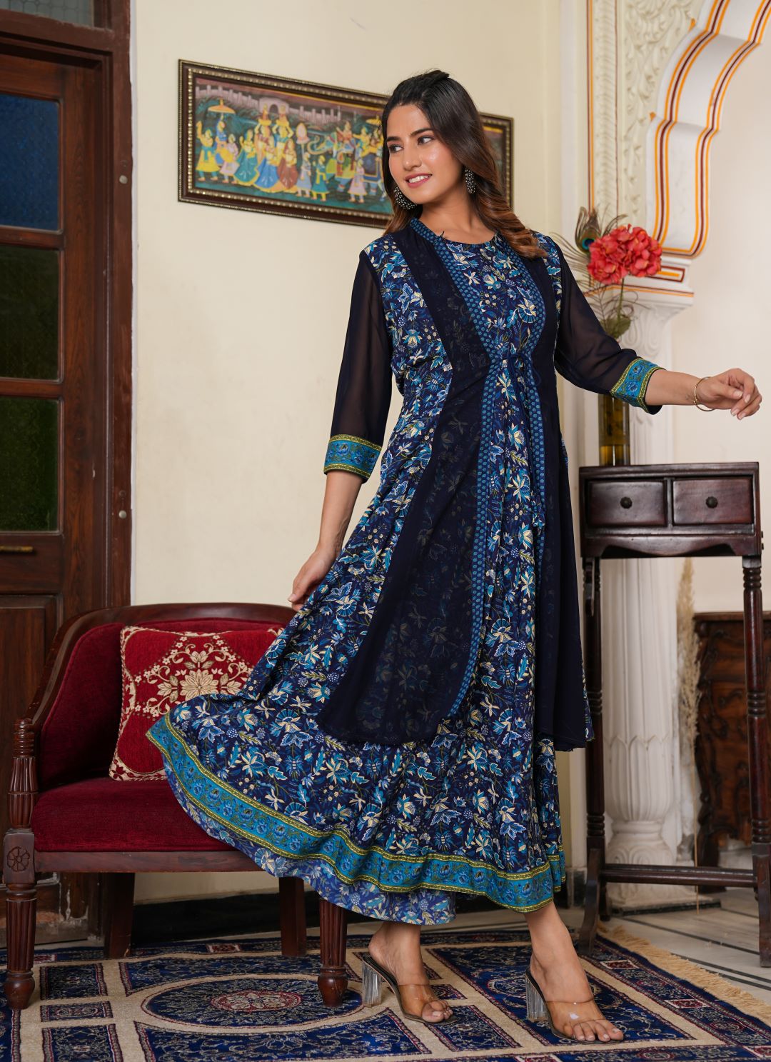womens floral printed flared anarkali dress with jacket blue