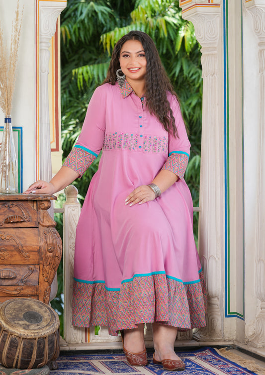 YASH GALLERY Women's Pink Polyester Embroidered Anarkali Kurta (Pink)