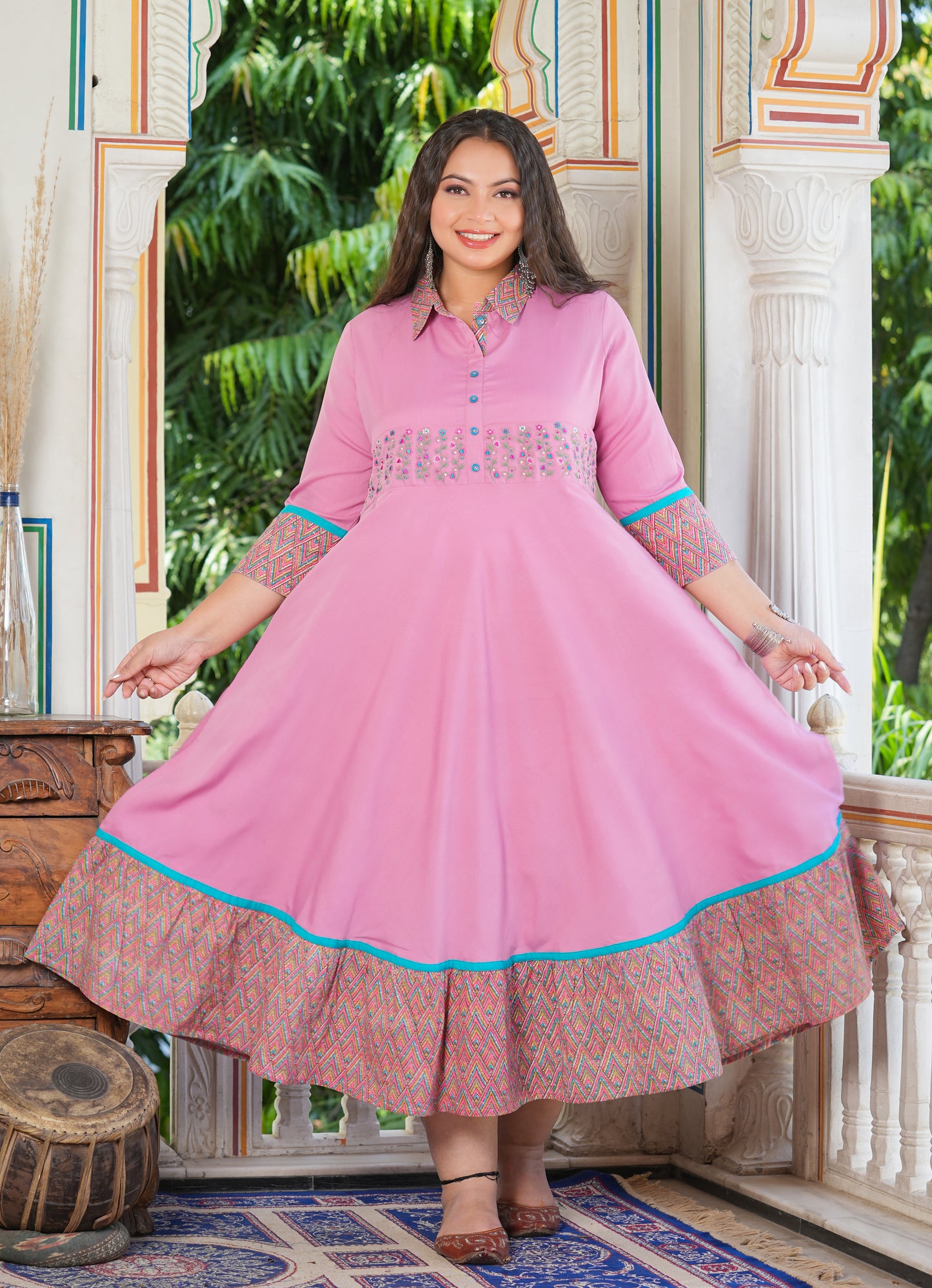YASH GALLERY Women's Pink Polyester Embroidered Anarkali Kurta Plus Size (Pink)