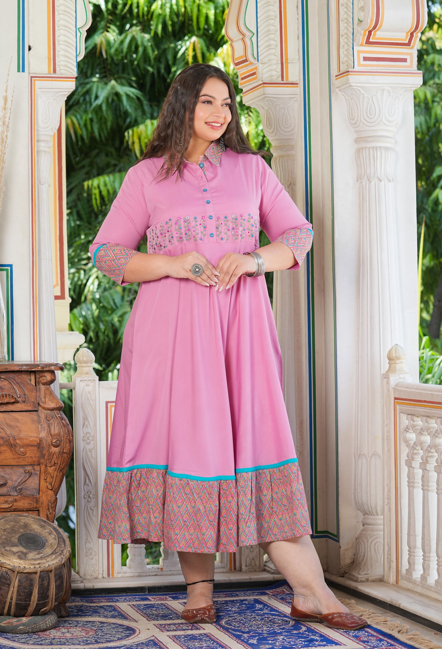 YASH GALLERY Women's Pink Polyester Embroidered Anarkali Kurta Plus Size (Pink)