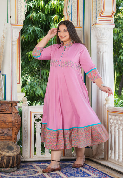 YASH GALLERY Women's Pink Polyester Embroidered Anarkali Kurta Plus Size (Pink)