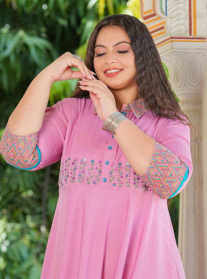 YASH GALLERY Women's Pink Polyester Embroidered Anarkali Kurta Plus Size (Pink)