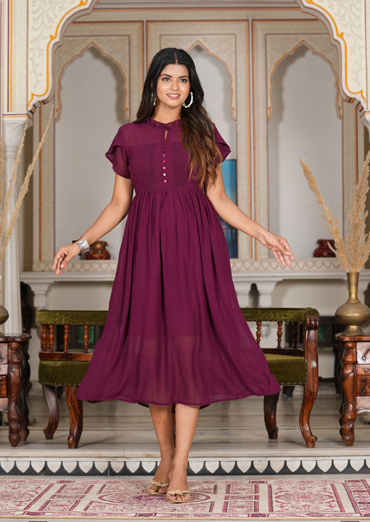 Yash Gallery Women's Wine Pleated  Georgette Anarkali Dress (Wine)