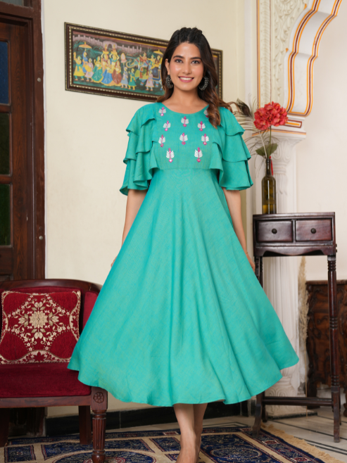 women rayon embroidered anarkali ethnic dress red