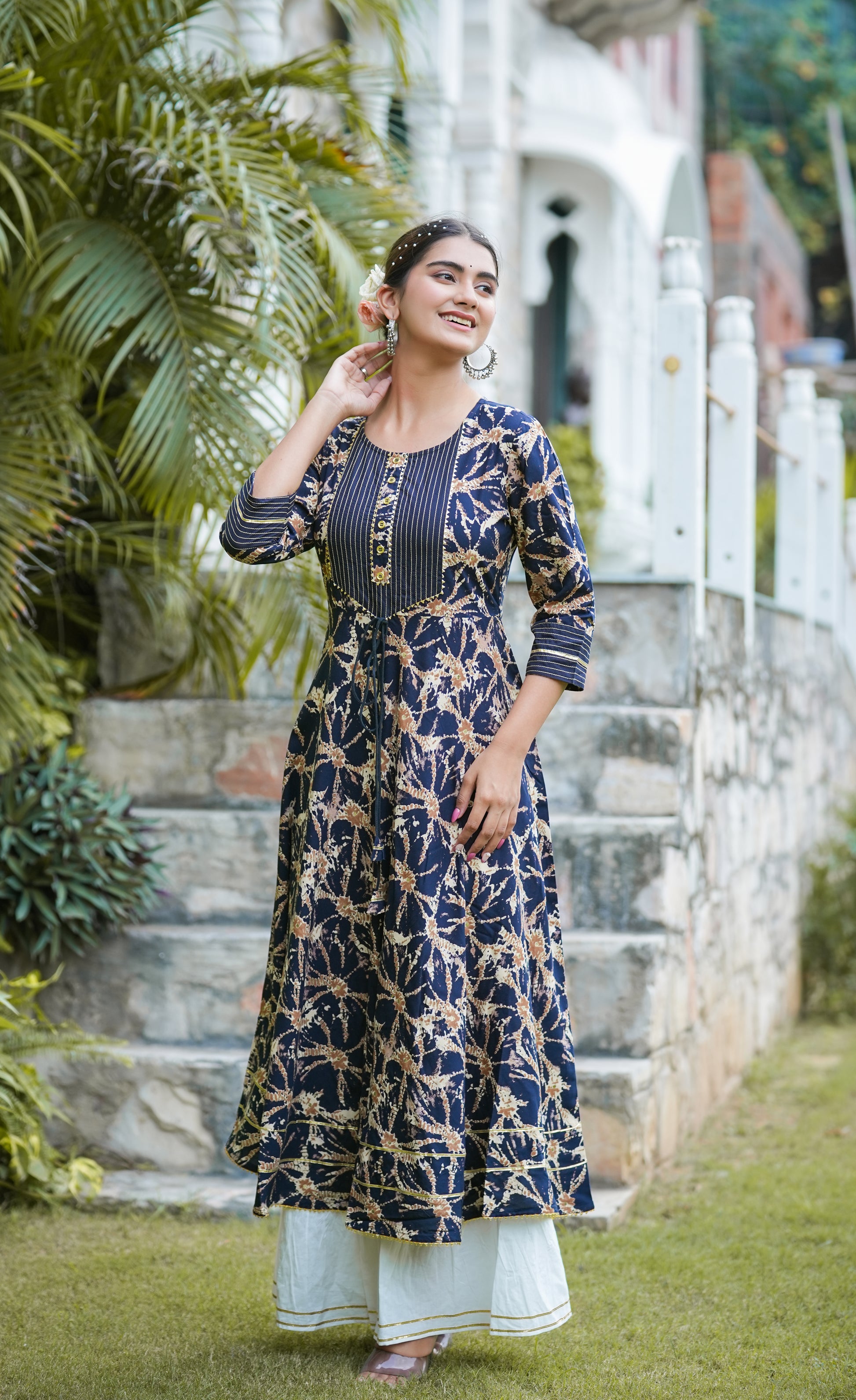womens rayon abstract printed anarkali kurta blue