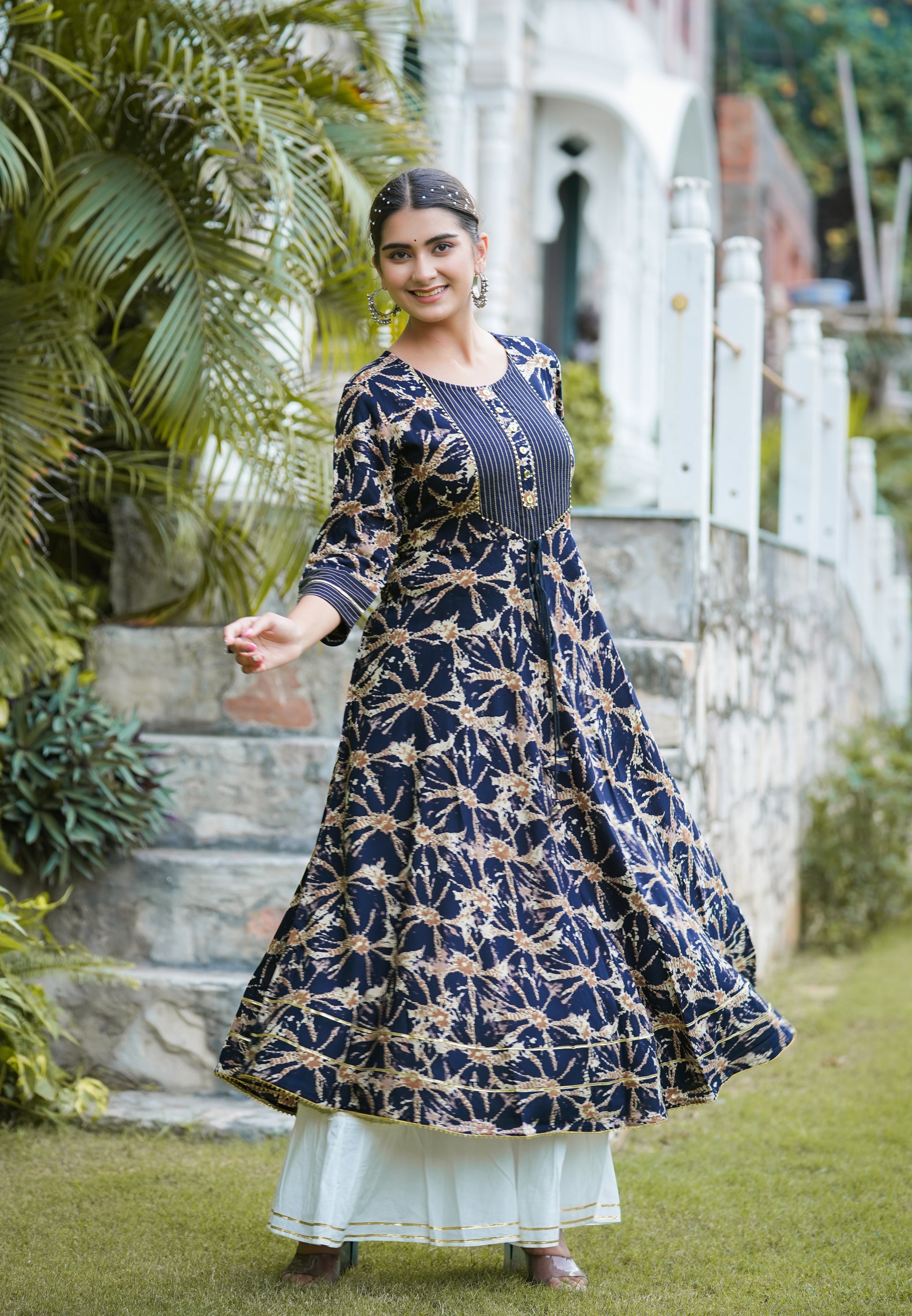 womens rayon abstract printed anarkali kurta blue